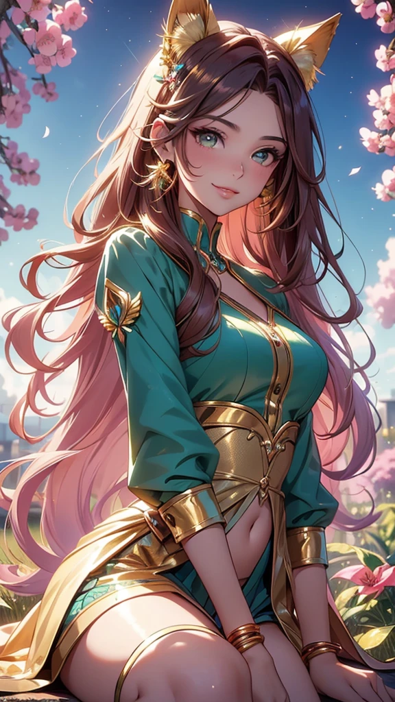 (best quality,4k,8k,highres,masterpiece:1.2),ultra-detailed,(realistic,photorealistic,photo-realistic:1.37),acrylic painting,beautiful Brazilian model in a uniform outfit red and gold with downy hair,beautiful Brazilian model with extremely colorful brown hair and detailed facial features,beautiful Brazilian model standing in a beautiful garden surrounded by a starry sky,brown hair,beautiful Brazilian model wearing a vibrant teal and gold uniform outfit,beautiful Brazilian model with intricate accessories,cat ears, ,beautiful Brazilian model with long flowing twintails,beautiful Brazilian model with bright brown eyes and rosy lips,beautiful Brazilian model with a joyful expression,beautiful Brazilian model in a dynamic pose with cherry blossoms falling around her,beautiful Brazilian model surrounded by colorful flowers and butterflies,beautiful Brazilian model's school uniform outfit adorned with cute bows and lace details red and gold,beautiful Brazilian model with an enchanting smile,beautiful Brazilian model with soft, pastel-colored shading,beautiful Brazilian model with a magical glow illuminating her,beautiful Brazilian model in a picturesque setting with a winding path leading to a magnificent castle,beautiful Brazilian model with a fairytale-like background,beautiful Brazilian model with a soft, dreamy atmosphere,beautiful Brazilian model with a subtle bokeh effect,beautiful Brazilian model standing under a sunny sky,beautiful Brazilian model with a warm, golden sunset in the background,beautiful Brazilian model surrounded by twinkling stars and colorful nebulae,creating an ethereal and captivating artistic masterpiece, sitting down, facing camera. 