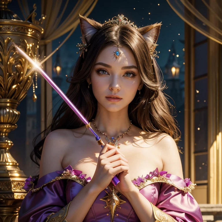(masterpiece, best quality:1.5), highest quality, High resolution, super detailed, Realists, Upper body photo of a brunette sorceress, detailed and beautiful eyes, beautiful detailed lips, very detailed eyes and face, longeyelashes, shiny satin dress, Holding a wand in your hand and performing a transformation spell, Magic wands present and shiny, Beautiful and colorful makeup, elegant and noble々The jewelry bag, Gardens as background, soft daylight, bright colors, fine brushstrokes, Portrait style, Silk dress fabric, beautiful color palette, glowing skin, First-class rendering, that captures every detail, enchanting atmosphere, subtle shadows and lights, (perfect anatomy:1.2), (The two stunning sorceresses transform cat into princess (a transformation with the magic wand:1.4), (magnificent panorama view:1.2)