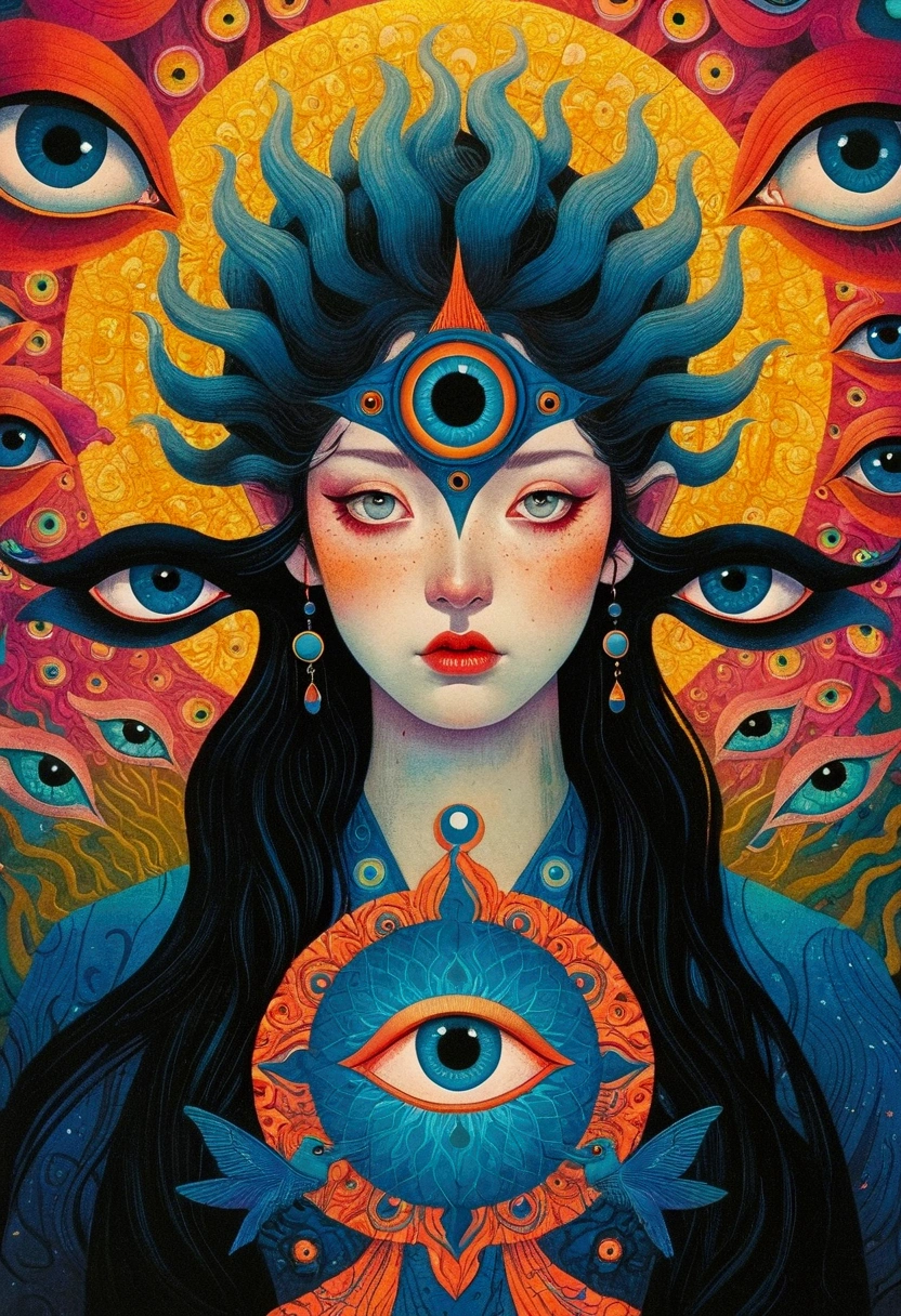 There is a painting,There is a blue eye in the painting,There are many eyes on it, Psychedelic illustration, author:Justin Gerard, Juster Battle, beeple 和 james jean, Psychedelic surrealist art, Beeple 和 Jeremiah Ketner, Pop Surrealism艺术风格, Android Jones's Works, Greg Beeple, retro Psychedelic illustration, Psychedelic cosmic horror, The Third Eye, Pop Surrealism