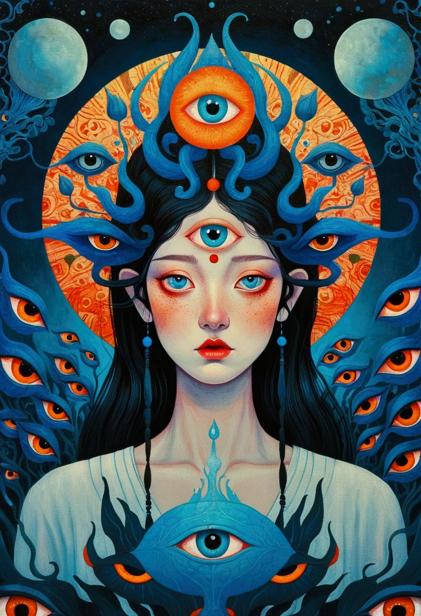 There is a painting，There is a blue eye in the painting，There are many eyes on it, Psychedelic illustration, author：Justin Gerard, Juster Battle, beeple 和 james jean, Psychedelic surrealist art, Beeple 和 Jeremiah Ketner, Pop Surrealism艺术风格, Android Jones&#39;s Works, Greg Beeple, retro Psychedelic illustration, Psychedelic cosmic horror, The Third Eye, Pop Surrealism