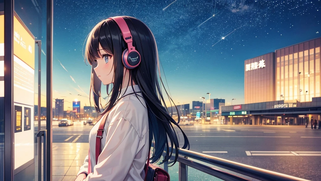 Where to see planes at the airport。A young girl with black hair wearing stylish clothes and headphones labeled "lo-fi" The girl is shown in profile, gazing into the distance with a calm, relaxed expression Background depicts the iconic scenery of Namba, Osaka at night, without any text on signs A starry night sky adding to the peaceful atmosphere Overall mood is quiet and serene, perfect for lo-fi music Detailed hair rendering and careful attention to the girl's fashionable outfit The entire scene should evoke a relaxing, introspective feeling associated with lo-fi music