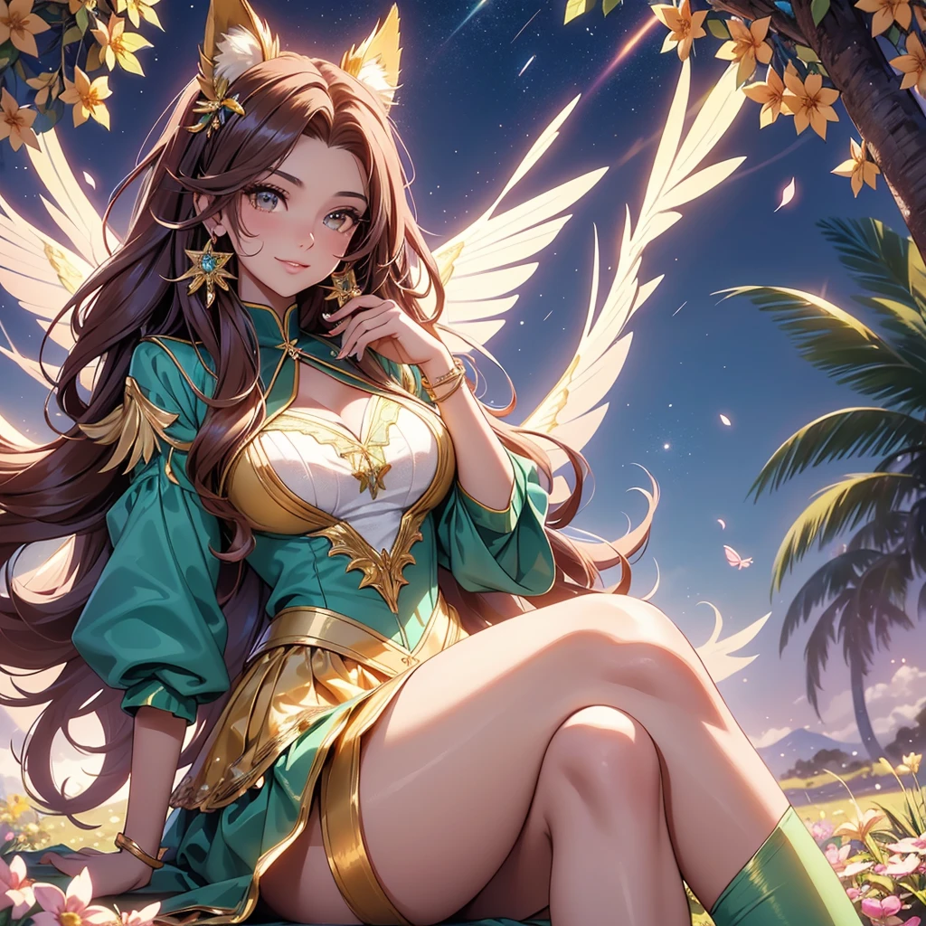 (best quality,4k,8k,highres,masterpiece:1.2),ultra-detailed,(realistic,photorealistic,photo-realistic:1.37),acrylic painting,beautiful Brazilian model in a uniform outfit red and gold with downy hair,beautiful Brazilian model with extremely colorful brown hair and detailed facial features,beautiful Brazilian model standing in a beautiful garden surrounded by a starry sky,brown hair,beautiful Brazilian model wearing a vibrant teal and gold uniform outfit,beautiful Brazilian model with intricate accessories,cat ears, ,beautiful Brazilian model with long flowing twintails,beautiful Brazilian model with bright brown eyes and rosy lips,beautiful Brazilian model with a joyful expression,beautiful Brazilian model in a dynamic pose with cherry blossoms falling around her,beautiful Brazilian model surrounded by colorful flowers and butterflies,beautiful Brazilian model's school uniform outfit adorned with cute bows and lace details red and gold,beautiful Brazilian model with an enchanting smile,beautiful Brazilian model with soft, pastel-colored shading,beautiful Brazilian model with a magical glow illuminating her,beautiful Brazilian model in a picturesque setting with a winding path leading to a magnificent castle,beautiful Brazilian model with a fairytale-like background,beautiful Brazilian model with a soft, dreamy atmosphere,beautiful Brazilian model with a subtle bokeh effect,beautiful Brazilian model standing under a sunny sky,beautiful Brazilian model with a warm, golden sunset in the background,beautiful Brazilian model surrounded by twinkling stars and colorful nebulae,creating an ethereal and captivating artistic masterpiece, sitting down, facing camera.