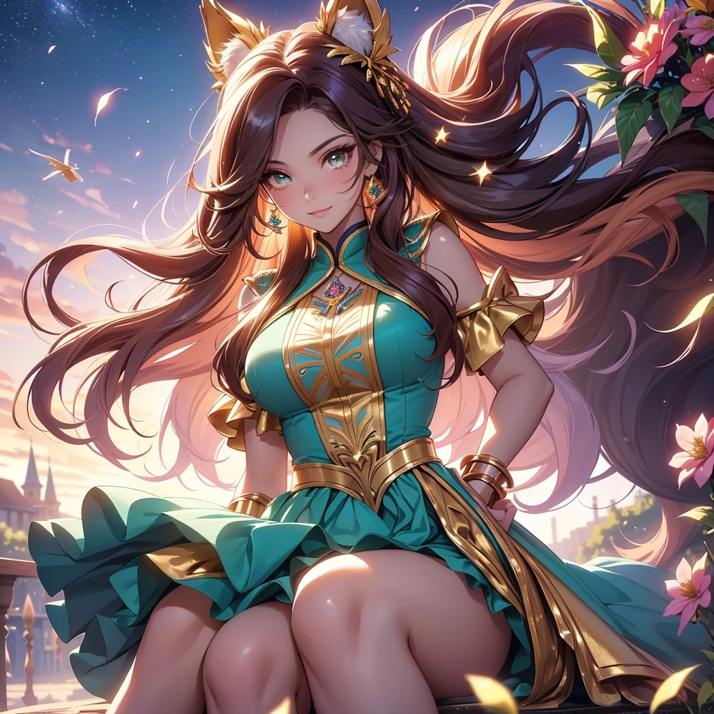(best quality,4k,8k,highres,masterpiece:1.2),ultra-detailed,(realistic,photorealistic,photo-realistic:1.37),acrylic painting,beautiful Brazilian model in a uniform outfit red and gold with downy hair,beautiful Brazilian model with extremely colorful brown hair and detailed facial features,beautiful Brazilian model standing in a beautiful garden surrounded by a starry sky,brown hair,beautiful Brazilian model wearing a vibrant teal and gold uniform outfit,beautiful Brazilian model with intricate accessories,cat ears, ,beautiful Brazilian model with long flowing twintails,beautiful Brazilian model with bright brown eyes and rosy lips,beautiful Brazilian model with a joyful expression,beautiful Brazilian model in a dynamic pose with cherry blossoms falling around her,beautiful Brazilian model surrounded by colorful flowers and butterflies,beautiful Brazilian model's school uniform outfit adorned with cute bows and lace details red and gold,beautiful Brazilian model with an enchanting smile,beautiful Brazilian model with soft, pastel-colored shading,beautiful Brazilian model with a magical glow illuminating her,beautiful Brazilian model in a picturesque setting with a winding path leading to a magnificent castle,beautiful Brazilian model with a fairytale-like background,beautiful Brazilian model with a soft, dreamy atmosphere,beautiful Brazilian model with a subtle bokeh effect,beautiful Brazilian model standing under a sunny sky,beautiful Brazilian model with a warm, golden sunset in the background,beautiful Brazilian model surrounded by twinkling stars and colorful nebulae,creating an ethereal and captivating artistic masterpiece, sitting down, facing camera.