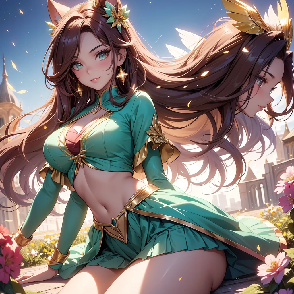 (best quality,4k,8k,highres,masterpiece:1.2),ultra-detailed,(realistic,photorealistic,photo-realistic:1.37),acrylic painting,beautiful Brazilian model in a uniform outfit red and gold with downy hair,beautiful Brazilian model with extremely colorful brown hair and detailed facial features,beautiful Brazilian model standing in a beautiful garden surrounded by a starry sky,brown hair,beautiful Brazilian model wearing a vibrant teal and gold uniform outfit,beautiful Brazilian model with intricate accessories,cat ears, ,beautiful Brazilian model with long flowing twintails,beautiful Brazilian model with bright brown eyes and rosy lips,beautiful Brazilian model with a joyful expression,beautiful Brazilian model in a dynamic pose with cherry blossoms falling around her,beautiful Brazilian model surrounded by colorful flowers and butterflies,beautiful Brazilian model's school uniform outfit adorned with cute bows and lace details red and gold,beautiful Brazilian model with an enchanting smile,beautiful Brazilian model with soft, pastel-colored shading,beautiful Brazilian model with a magical glow illuminating her,beautiful Brazilian model in a picturesque setting with a winding path leading to a magnificent castle,beautiful Brazilian model with a fairytale-like background,beautiful Brazilian model with a soft, dreamy atmosphere,beautiful Brazilian model with a subtle bokeh effect,beautiful Brazilian model standing under a sunny sky,beautiful Brazilian model with a warm, golden sunset in the background,beautiful Brazilian model surrounded by twinkling stars and colorful nebulae,creating an ethereal and captivating artistic masterpiece, sitting down, facing camera.