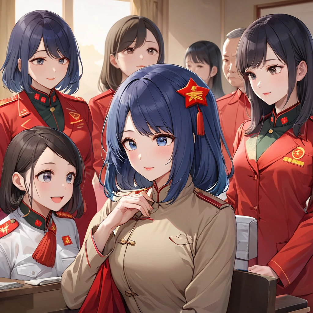 ((Highest quality)), ((masterpiece)), (detailed), (Perfect Face)、The woman is Chinese, Akane Kurokawa, a Chinese woman with medium-long blue hair who is wearing an engagement ring. She has become a member of the glorious Chinese Communist Party and has sworn absolute loyalty to the party. She is a righteous Communist Party member of the ruling China and the wife of a great Communist Party official.、The woman is wearing the khaki Mao suit of the Chinese Communist Party.、For the sake of China, their hairstyles, clothes, and everything they wear are all Chinese Communist Party items, and their thoughts are also Chinese, becoming great Chinese in body and mind.、The woman became Akane Kurokawa, a Chinese woman who is proud of China, loves it and devotes herself to it.、She is serving China as a member of the great Communist Party of China.、The woman is beautiful and is the wife of a Communist Party official who is loved by her husband.