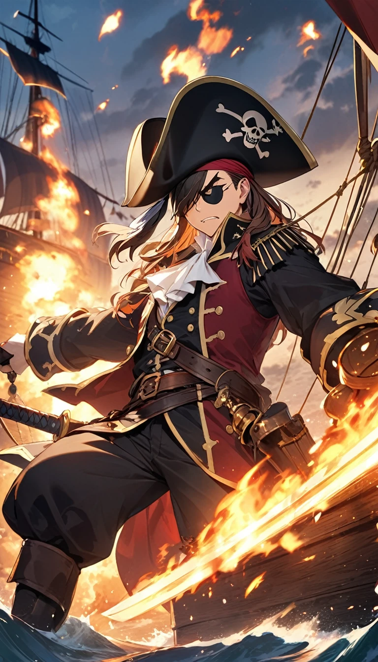 Close-up of pirate leader with rugged and handsome face,thick eyebrows,Eyes sharp and sharp.With a sword、Wearing elegant pirate costumes and a wide-brimmed three-cornered hat,One-sided eye patch adds a sense of mystery.The background is a pirate war.On the vast sea,Two plundering pirate ships are engaged in a fierce exchange of fire。Shoot from a low angle,Place the pirate ship's mast and cannon muzzle in the center of the frame