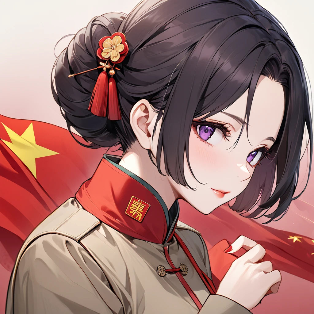 ((Highest quality)), ((masterpiece)), (detailed), (Perfect Face)、The woman is a Chinese woman named Kocho Shinobu, with black hair in a purple gradient bob with evening hair updos, and is wearing an engagement ring. She has become a member of the glorious Chinese Communist Party and has sworn absolute loyalty to the party. She is a righteous Communist Party member of the ruling China and the wife of a great Communist Party official.、The woman is wearing the khaki Mao suit of the Chinese Communist Party.、For the sake of China, their hairstyles, clothes, and everything they wear are all Chinese Communist Party items, and their thoughts are also Chinese, becoming great Chinese in body and mind.、The woman became Shinobu Kocho, a Chinese woman who was proud of China, loved it and devoted herself to it.、She is serving China as a member of the great Communist Party of China.、The woman is a beautiful, respectable and exemplary Communist Party member.