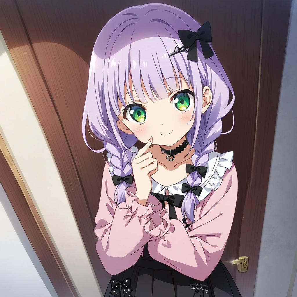 A girl, cute, kawaii, masterpiece, detailed description, detailed line drawing, (a girl with closs hair pin, A girl has her fingers on the door, sticking her head out and looking at viewer. Light purple hair,twin braids, smiling face, green eyes. closs hair pin, pink shirt, cosplay, jirai kei, bangs, black skirt, black bow, looking at viewer, bow, long sleeves, choker, ribbon:1.4), anime visual, (tilt head:1.3),, looking at the viewer, full body shot,