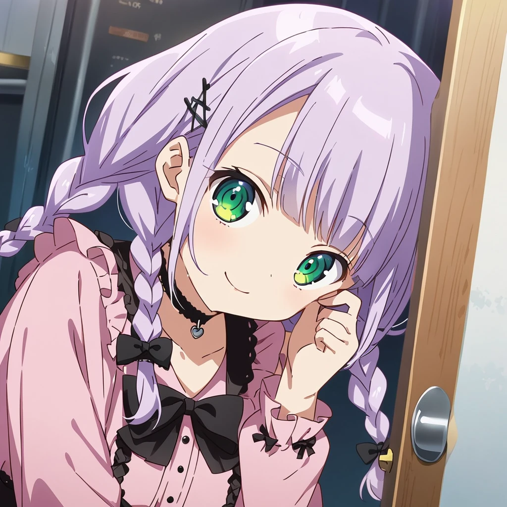 A girl, cute, kawaii, masterpiece, detailed description, detailed line drawing, (a girl with closs hair pin, A girl has her fingers on the door, sticking her head out and looking at viewer. Light purple hair,twin braids, smiling face, green eyes. closs hair pin, pink shirt, cosplay, jirai kei, bangs, black skirt, black bow, looking at viewer, bow, long sleeves, choker, ribbon:1.4), anime visual, (tilt head:1.3),, looking at the viewer, full body shot,