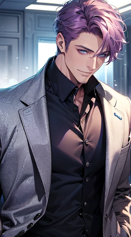 (best quality, masterpiece, 8K, photorealistic, cinematic lighting, 1:4 hdr image, ultra detailed, beautiful image), a mature man, 35 years very handsome, ((cold expression smile in love)), short purple hair, blue eyes, face perfect without mistakes, ((buttoning his jacket, CEO)), smile.