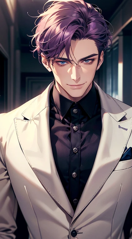 (best quality, masterpiece, 8K, photorealistic, cinematic lighting, 1:4 hdr image, ultra detailed, beautiful image), a mature man, 35 years very handsome, ((cold expression smile in love)), short purple hair, blue eyes, face perfect without mistakes, ((buttoning his jacket, CEO)), smile.