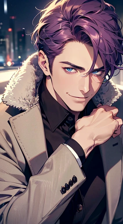 (best quality, masterpiece, 8K, photorealistic, cinematic lighting, 1:4 hdr image, ultra detailed, beautiful image), a mature man, 35 years very handsome, ((cold expression smile in love)), short purple hair, blue eyes, face perfect without mistakes, ((buttoning his jacket, CEO)), smile.