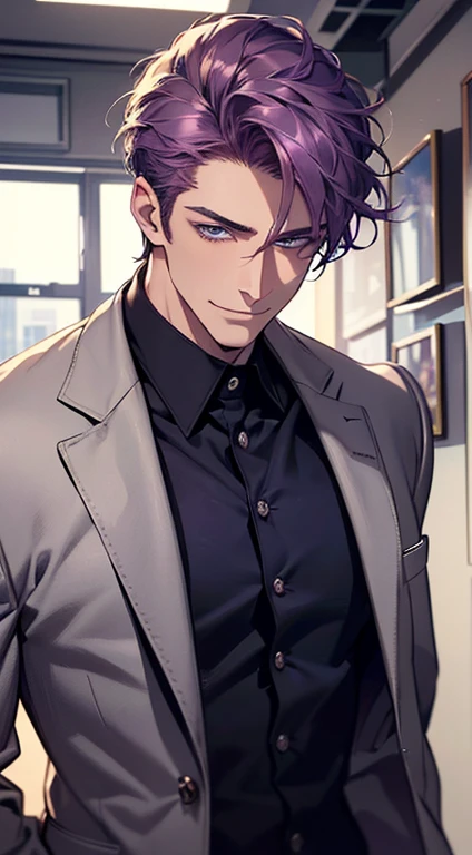 (best quality, masterpiece, 8K, photorealistic, cinematic lighting, 1:4 hdr image, ultra detailed, beautiful image), a mature man, 35 years very handsome, ((cold expression smile in love)), short purple hair, blue eyes, face perfect without mistakes, ((buttoning his jacket, CEO)), smile.