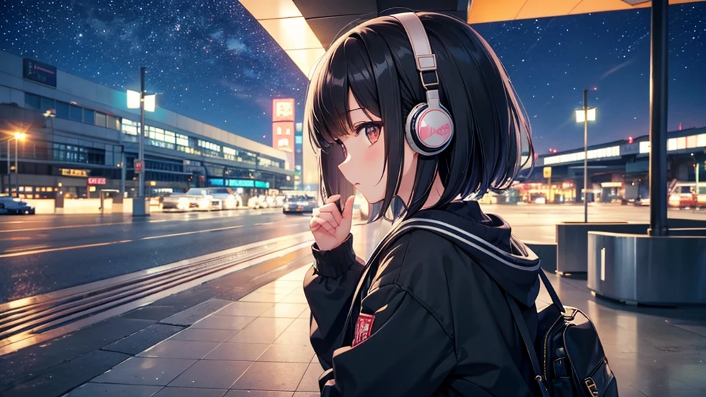 Where to see planes at the airport。A young girl with black hair wearing stylish clothes and headphones labeled "lo-fi" The girl is shown in profile, gazing into the distance with a calm, relaxed expression Background depicts the iconic scenery of Namba, Osaka at night, without any text on signs A starry night sky adding to the peaceful atmosphere Overall mood is quiet and serene, perfect for lo-fi music Detailed hair rendering and careful attention to the girl's fashionable outfit The entire scene should evoke a relaxing, introspective feeling associated with lo-fi music