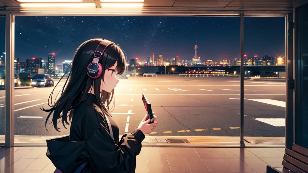 Where to see planes at the airport。A young girl with black hair wearing stylish clothes and headphones labeled "lo-fi" The girl is shown in profile, gazing into the distance with a calm, relaxed expression Background depicts the iconic scenery of Namba, Osaka at night, without any text on signs A starry night sky adding to the peaceful atmosphere Overall mood is quiet and serene, perfect for lo-fi music Detailed hair rendering and careful attention to the girl's fashionable outfit The entire scene should evoke a relaxing, introspective feeling associated with lo-fi music
