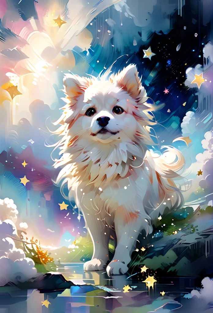 2D anime screencap, serene  Spitz in a mystical cloudscape, intricate details, vibrant colors, ethereal lighting, glowing accents, soft natural lighting, ethereal glow, detailed background, dreamy atmosphere, realistic shadows, fine details in fur and clouds, ultra-quality, magical elements, peaceful expression, closed eyes, enchanting setting, swirling clouds, floating stars, whimsical composition, calm ambiance, delicate line work
oil and watercolor painting
cartooneffects one, zhibi 