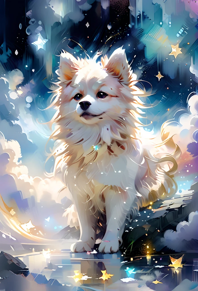 2D anime screencap, serene  Spitz in a mystical cloudscape, intricate details, vibrant colors, ethereal lighting, glowing accents, soft natural lighting, ethereal glow, detailed background, dreamy atmosphere, realistic shadows, fine details in fur and clouds, ultra-quality, magical elements, peaceful expression, closed eyes, enchanting setting, swirling clouds, floating stars, whimsical composition, calm ambiance, delicate line work
oil and watercolor painting
cartooneffects one, zhibi 