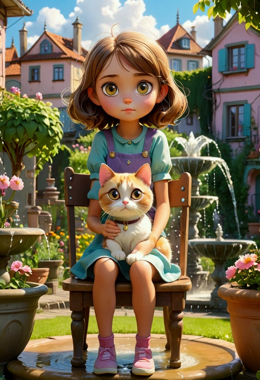 A girl sits on a chair with a round-eyed cute cat, Garden fountain, , Distant houses.