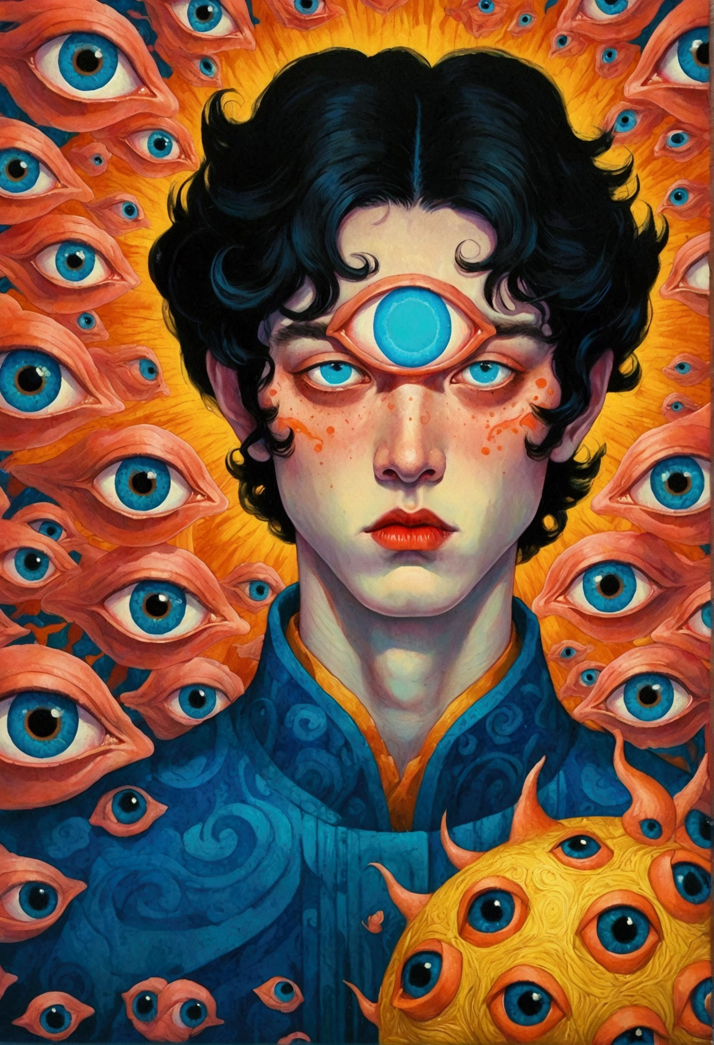 There is a painting，There is a blue eye in the painting，There are many eyes on it, Justin Gerard&#39;s Surrealism, Winner of the Behance competition, Psychedelic Art, Psychedelic illustration, Juster Battle, beeple 和 james jean, Psychedelic surrealist art, Beeple 和 Jeremiah Ketner, Pop surreal art style, Android Jones&#39;s Works, Greg Beeple, retro Psychedelic illustration