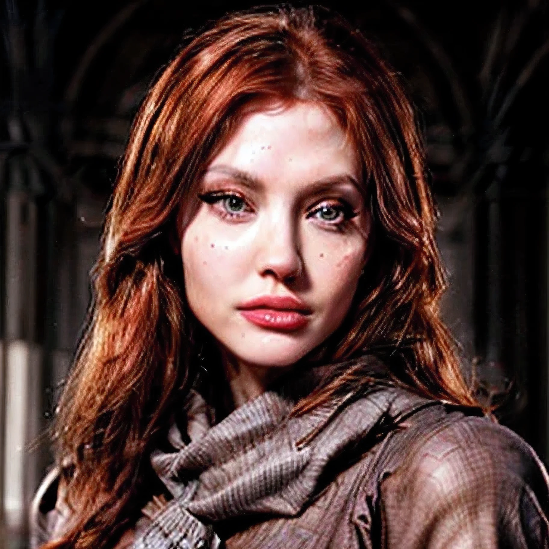 Frontview photo, full body, Beautiful redhead woman in a coat and scarf, in her late twenties, very beautiful, Angelina jolie lips, 90s make-up, winter clothes, high definition, HD, realistic