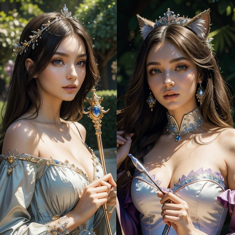 (masterpiece, best quality:1.5), highest quality, High resolution, super detailed, Realists, Upper body photo of a brunette sorceress, detailed and beautiful eyes, beautiful detailed lips, very detailed eyes and face, longeyelashes, shiny satin dress, Holding a wand in your hand and performing a transformation spell, Magic wands present and shiny, Beautiful and colorful makeup, elegant and noble々The jewelry bag, Gardens as background, soft daylight, bright colors, fine brushstrokes, Portrait style, Silk dress fabric, beautiful color palette, glowing skin, First-class rendering, that captures every detail, enchanting atmosphere, subtle shadows and lights, (perfect anatomy:1.2), (The two stunning sorceresses transform cat into princess (a transformation with the magic wand:1.4), (magnificent panorama view:1.2)