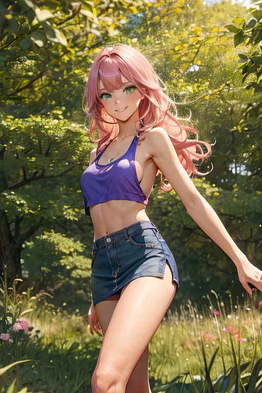 Best Picture, Masterpiece, 4K, High Quality, One Adult
Woman. The woman has pink hair. Her hair is bobbed, wavy. Long slit eyes, green eyes,
Model like beauty, perfect proportions. Perfect legs. Perfect arms. Tank top and tight mini skirt. High heels.
(A woman stands in the grass in the forest.
She has a blush on her cheeks and a mischievous smile on her face.