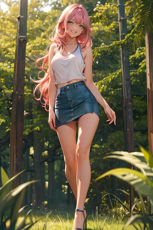 Best Picture, Masterpiece, 4K, High Quality, One Adult
Woman. The woman has pink hair. Her hair is bobbed, wavy. Long slit eyes, green eyes,
Model like beauty, perfect proportions. Perfect legs. Perfect arms. Tank top and tight mini skirt. High heels.
(A woman stands in the grass in the forest.
She has a blush on her cheeks and a mischievous smile on her face.