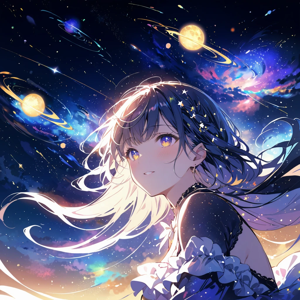 Attention to detail, Super Detail, Ultra-high resolution, A girl having fun in a dream galaxy, Surrounded by stars, The warm light that shines on her, The background depicts a starry sky with colorful galaxies and galactic clouds, The stars fly around her, Delicate face, Add some fun ,