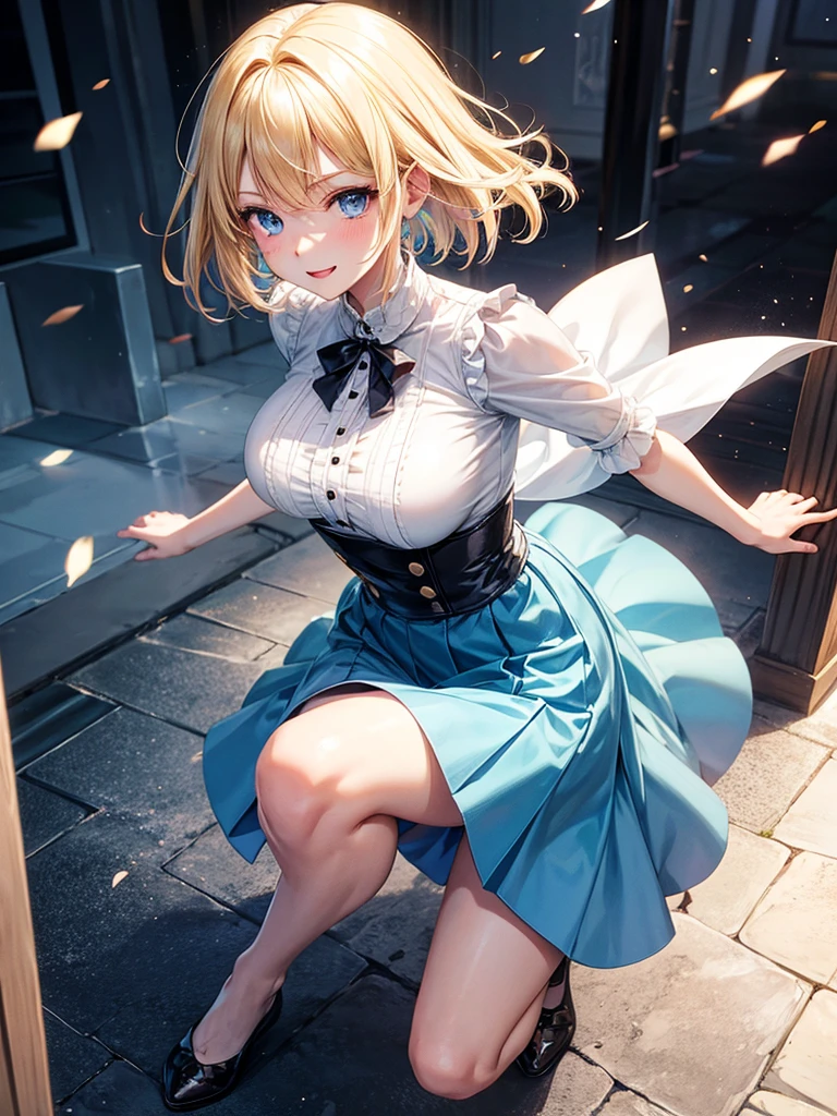 Anime style, super fine illustration, highly detailed, beautiful detailed, pale tone image, static representation, gentle expression, 8k, full body, pretty 1girl with blonde straight short hair & blue eyes & a bright smile & full bust & soft fair skin is wearing big white business shart not to show her skin & black tight skirt, taking off her shoes at the entrance, in the evening, romantic stories, solo, perfect 5fingers, perfect arms, perfect legs, masterpiece.