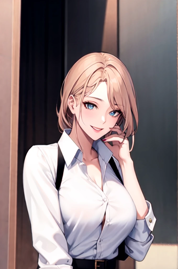 popped collar ,High collar,White shirt,Sexy woman,smile,whole body,