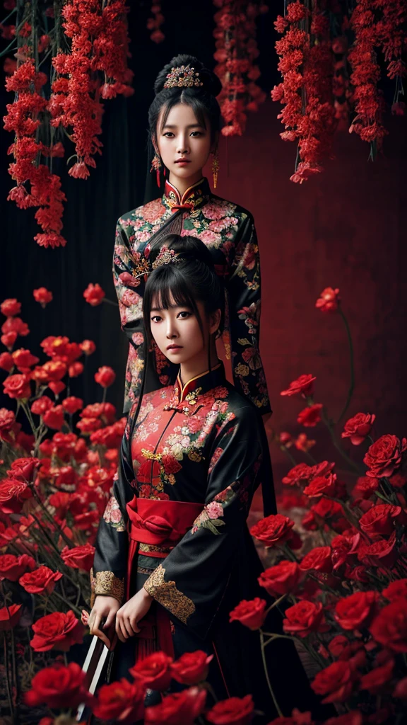 Painting, a Chinese palace holding a sword, thunder, cypress, super wide-angle lens, colorful arrangement, shige's visual aesthetic style, made of flowers, dim light, deep red and light black, I can't believe how beautiful this is, zhang jingna style, photomontage, hirohiko araki, Oriental, powerful, majestic