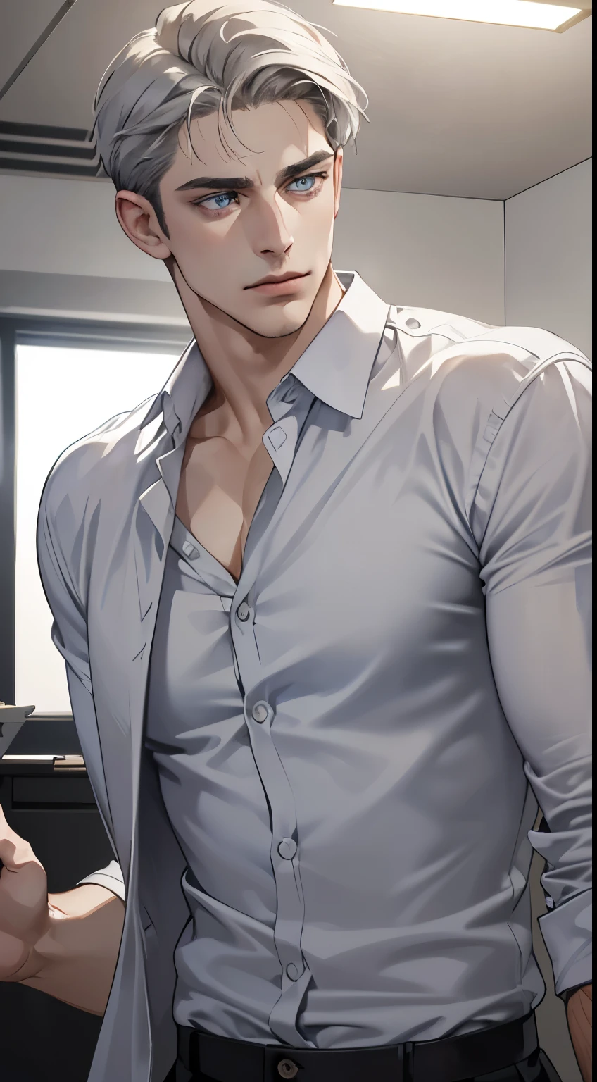 (best quality, masterpiece, 8K, photorealistic, cinematic lighting, hdr image, ultra detailed, beautiful image), 1 man, 31 years old, mature man, very handsome, (without expression, serious), short white hair, blue grey eyes ( penetrating gaze), perfect face without errors, imposing posture, without errors, businessman, office background