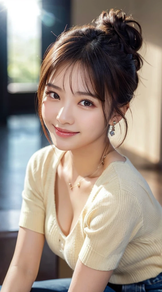 (highest quality, masterpiece:1.3, ultra high resolution), (Super detailed, caustics, 8k), (photorealistic:1.4, RAW shooting), 1 girl, (look at the camera with a smile), 16-year-old, cute, Indonesian, gradient hair color, messy bun hairstyle, ponytail hairstyle, Natural lips, (Cropped sweater, ripped jeans), wearing earrings, cleavage, Modern Place Background, bust up shot, face focus, Natural light, Backlight, (A bright light shines from above), (Lens flare), professional writing, perfect bodies, perfect arms, Perfect fingers, perfect legs, perfect hair, pores, Realistic skin texture, perfect teeth, (low position), (Low - Angle)