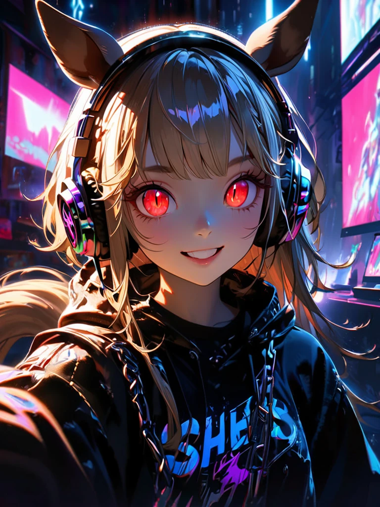 1 girl, chromatic aberration, Written boundary depth, Soft Light, masterpiece, Highest quality, complicated, Tone Mapping, Very detailed, Art Station, Concept Art, Smooth, Clear focus, Dramatic lighting, Very detailed artwork, movie, super practical painting, Art Station's trending, 8k, Incredible Shadows, practical, (Very detailed background:1.0), whole body, View, Viewers, Very detailed portrait of one girl 1, standing on street corner, Heavy rain and lightning、Dark Sky, neon and cyber punk background, she is dressed in punk clothing with silver chains and silver spikes, Her hair was dyed light brown....，The middle part is black, She is wearing headphones, Detailed red eyes with clear pupils, Ominous aura of light, smile, punk, ciber punk, Backlight.Has horse ears、There is a horse tail,Approaching the horse.No headphones needed、More Horses