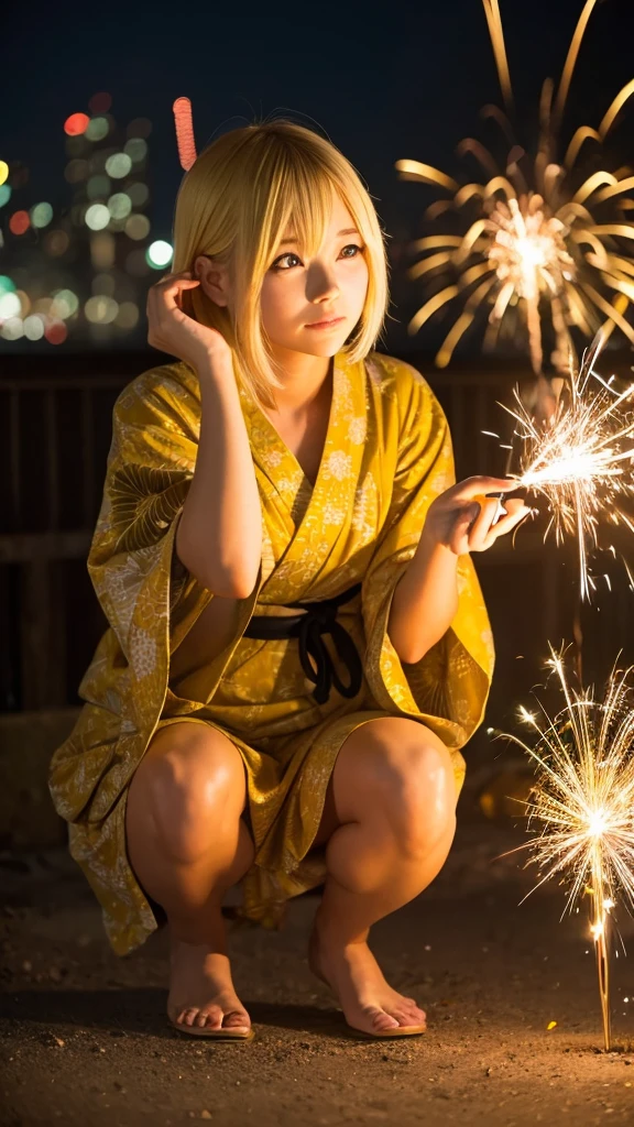 Blonde anime girl in a yellow dress,yukata,Sparkler,squat