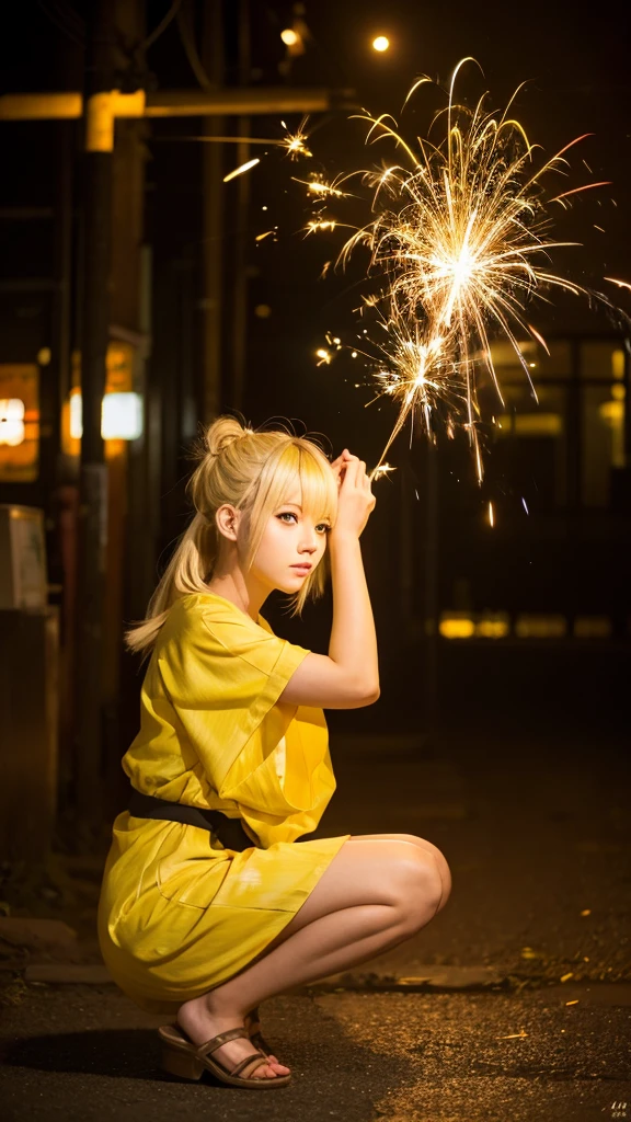 Blonde anime girl in a yellow dress,yukata,Sparkler,squat