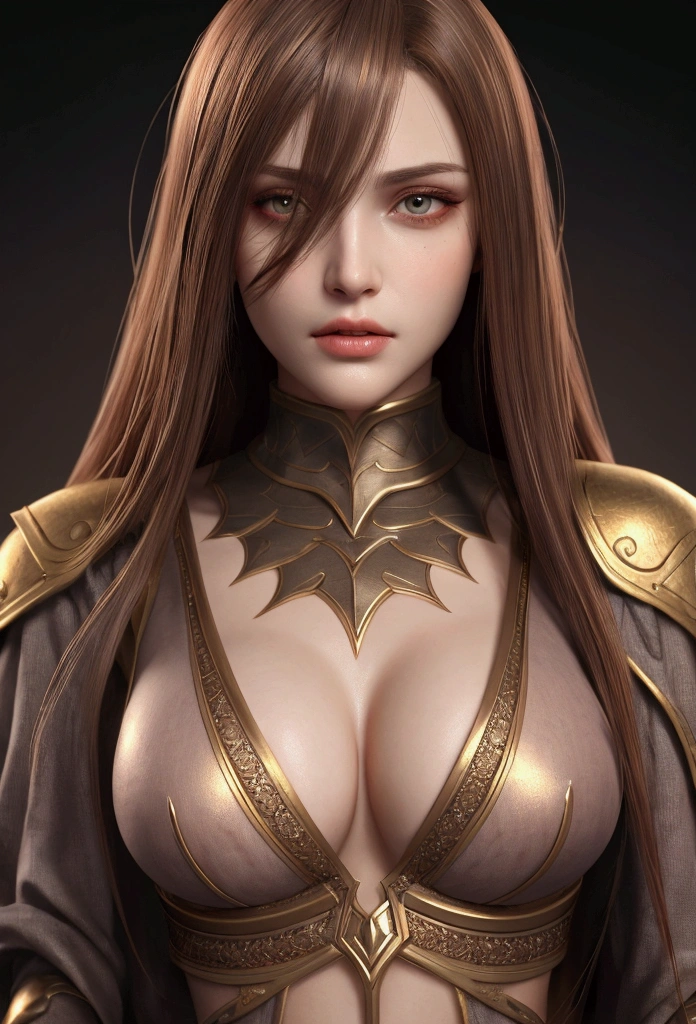Extreme face close up,Random pose,One Girl,(Highly detailed skin),curve,,Beautiful breasts,Large Breasts,Pale skin,Pointed Chest,Erect nipples,(Fantasy art,Best image quality,Surreal portrait,(8k),Ultra-realistic,最high quality, high quality, High resolution, high quality texture,Attention to detail,Beautiful details,Fine details,Highly detailed CG,Detailed Texture,Realistic facial expressions,Tabletop,before,dynamic,bold),(Very thin hair),(Very soft hair),(Super Straight Hair),Long, slicked bangs,Very light coppery amber hair,Hair on one eye,(Clothes:1.5)