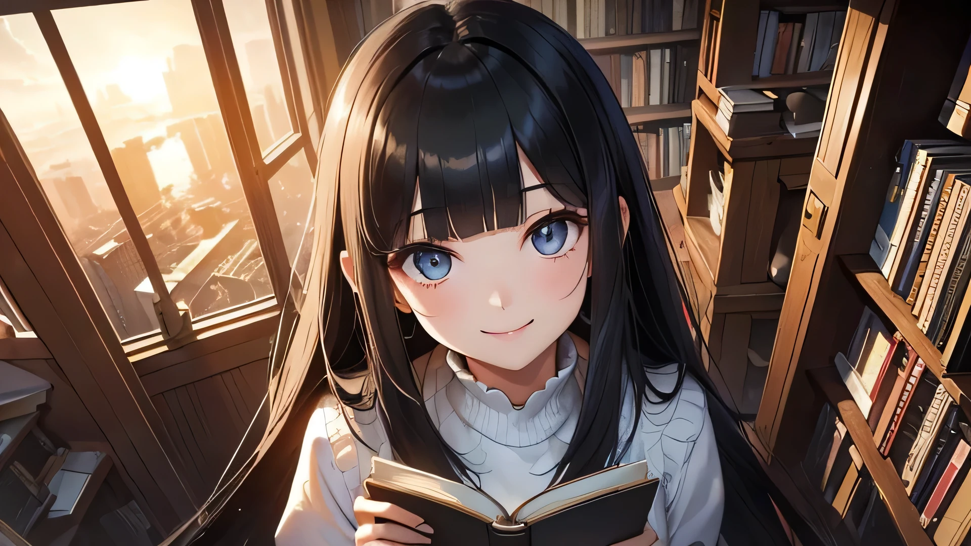 CG, Unity, 8k, wallpaper, Highest quality, masterpiece, A woman with a gentle impression, (A kind smile: 1.5), (Long black hair, Shorn bangs, A hairstyle called Hime Cut: 1.5), break, White skin, break, Deep blue eyes, break, White sweater, break, Black long skirt, break, Best lighting, Complex pupil, Intricate weaving, Detailed Background, At a second-hand bookstore, There are many books piled up around her., Scattered books, (((evening, A nostalgic and fleeting atmosphere, Dyed in the sunset))), High Angle, Sitting in a chair and looking up at the viewer, View from above