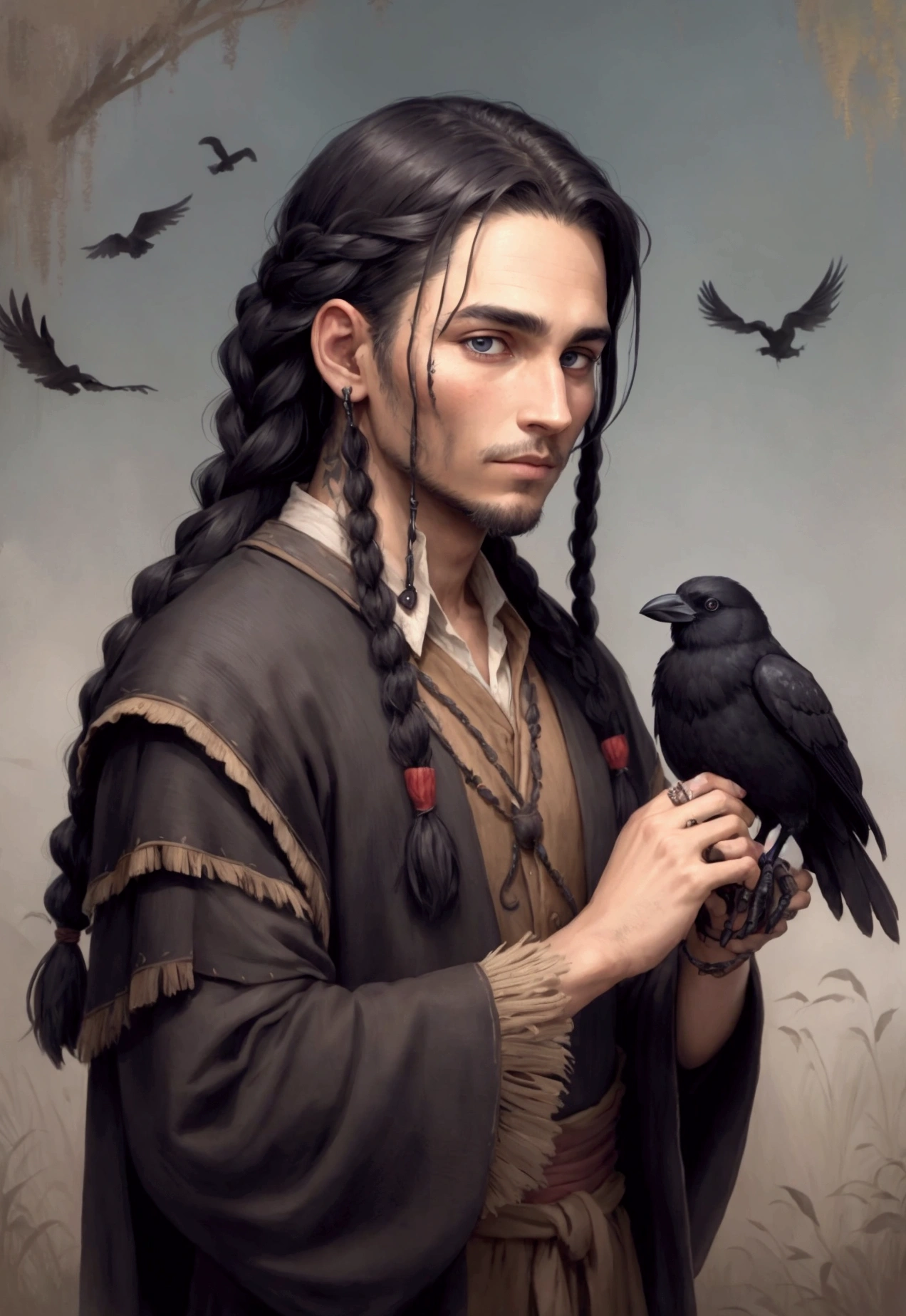 a man with crows, at night low light, indiginous and braided hair, kind eyes
