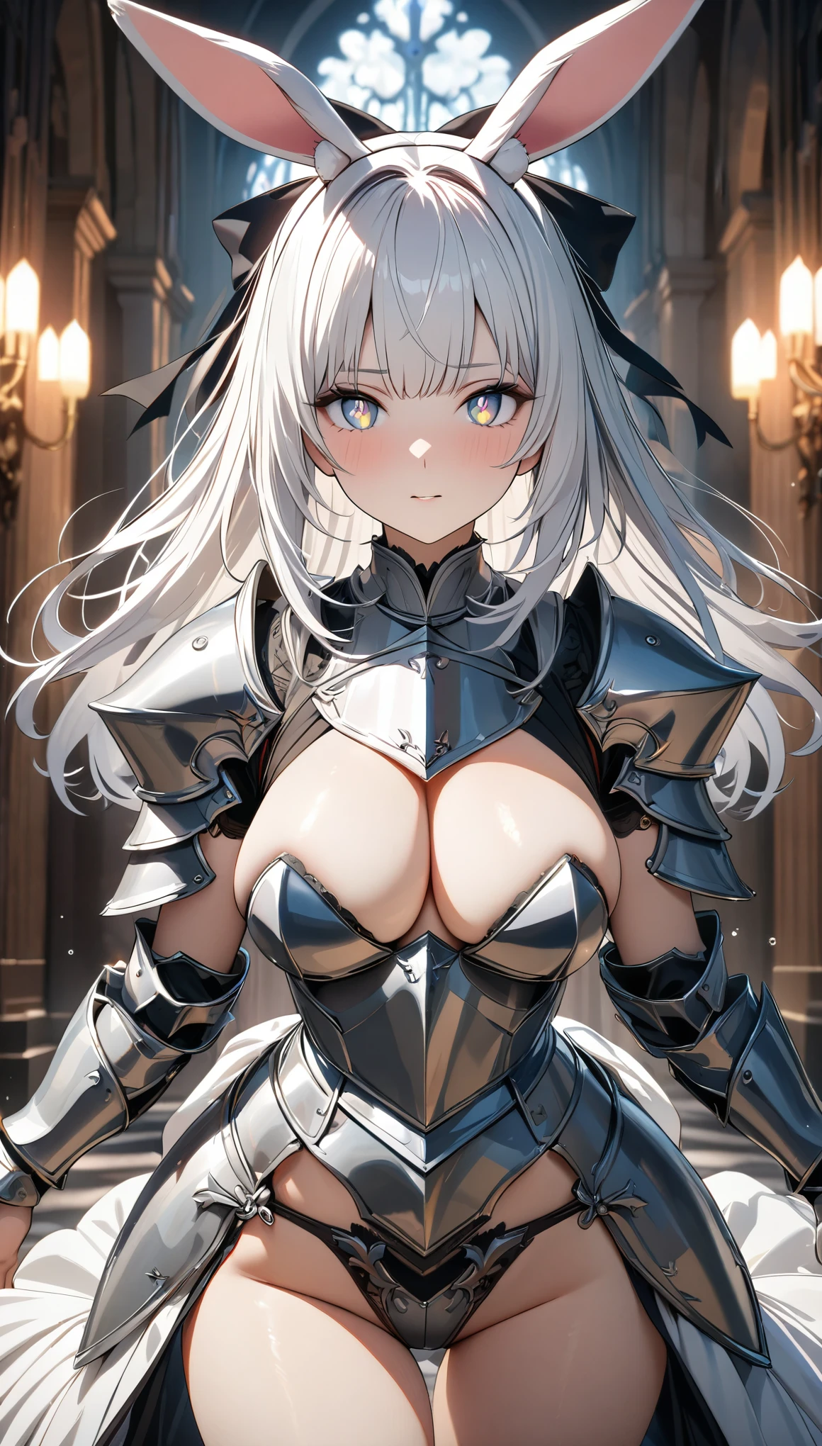 ((Best quality, 8k, Masterpiece: 1.3)), Sharp focus A beautiful woman with perfect body, Highly detailed face and skin texture, (Detailed eyes), rabbit ears, hime cut, white hair, hair bow, ribbon, pupils sparkling, tareme, (knight wearing steel armor), cowboy shot