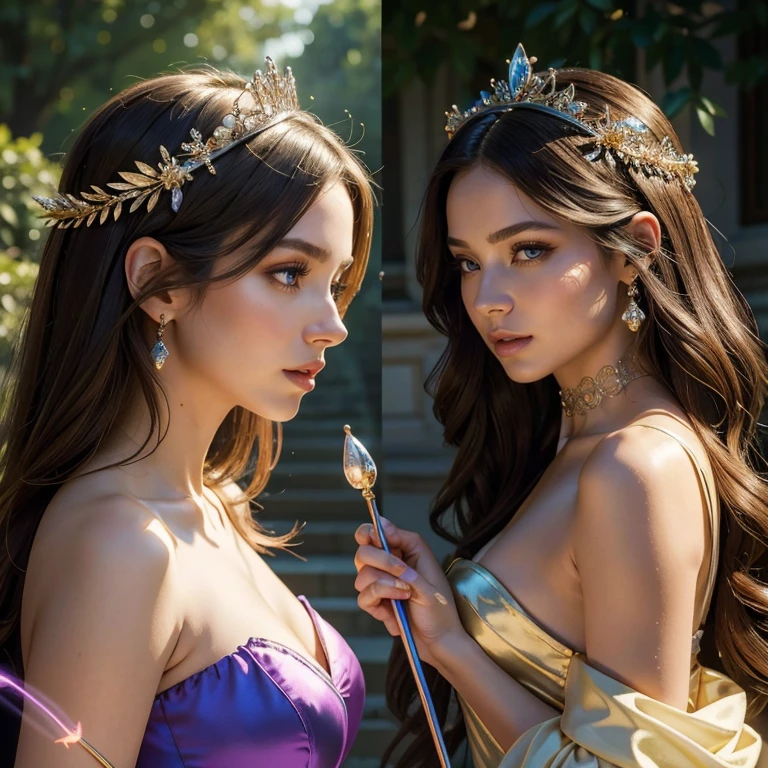 (masterpiece, best quality:1.5), highest quality, High resolution, super detailed, Realists, Upper body photo of a brunette sorceress, detailed and beautiful eyes, beautiful detailed lips, very detailed eyes and face, longeyelashes, shiny satin dress, Holding a wand in your hand and performing a transformation spell, Magic wands present and shiny, Beautiful and colorful makeup, elegant and noble々The jewelry bag, Gardens as background, soft daylight, bright colors, fine brushstrokes, Portrait style, Silk dress fabric, beautiful color palette, glowing skin, First-class rendering, that captures every detail, enchanting atmosphere, subtle shadows and lights, (perfect anatomy:1.2), (The two stunning sorceresses transform cat into princess (a transformation with the magic wand:1.4), (magnificent panorama view:1.2)
