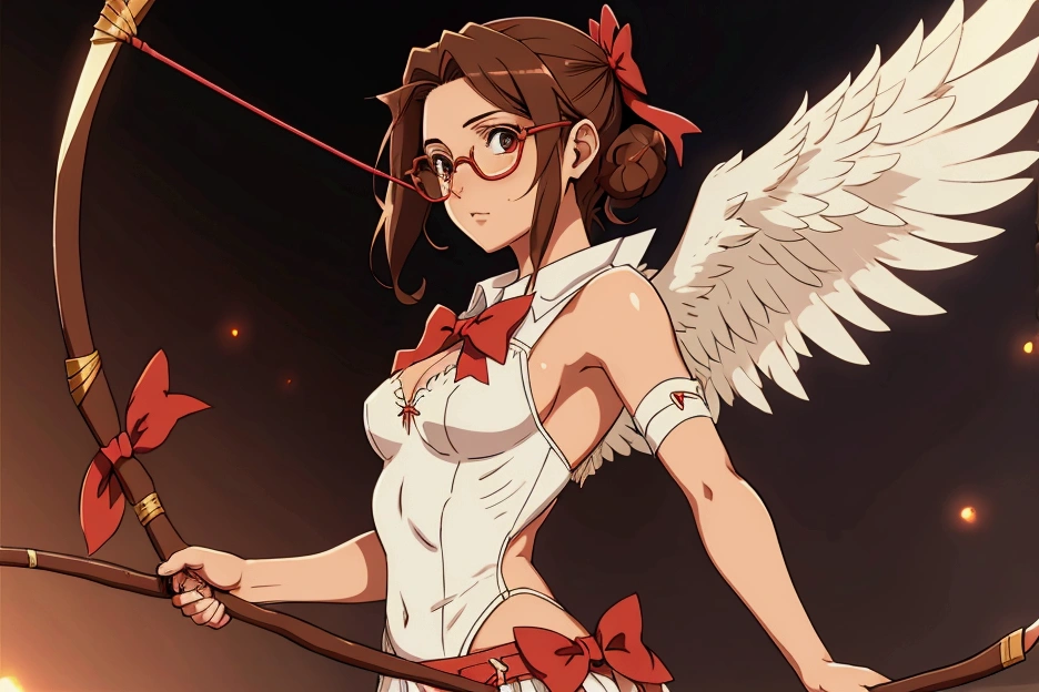 anime cupid , glasses , short , Greek cloth , holding a bow , short , sexy , wings , brown hair , with a bow , angel wings ,
