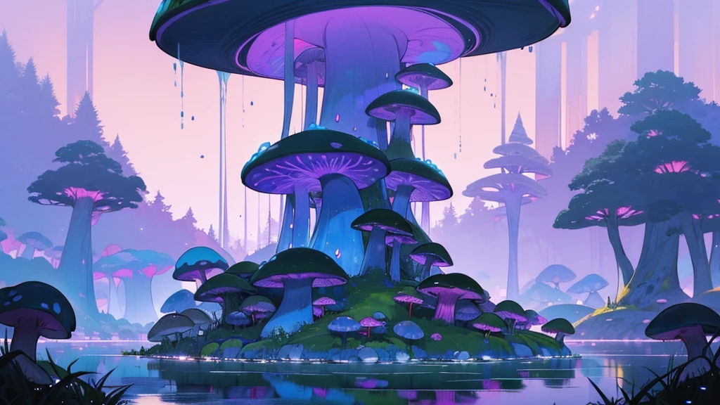 girl in the center, Lake with waterfalls, there is a big mushroom in the center, forest made out of mushroom, thick mushrooms, there are mushrooms around, tall mushrooms, Purple sky, blue fireflies, anime
