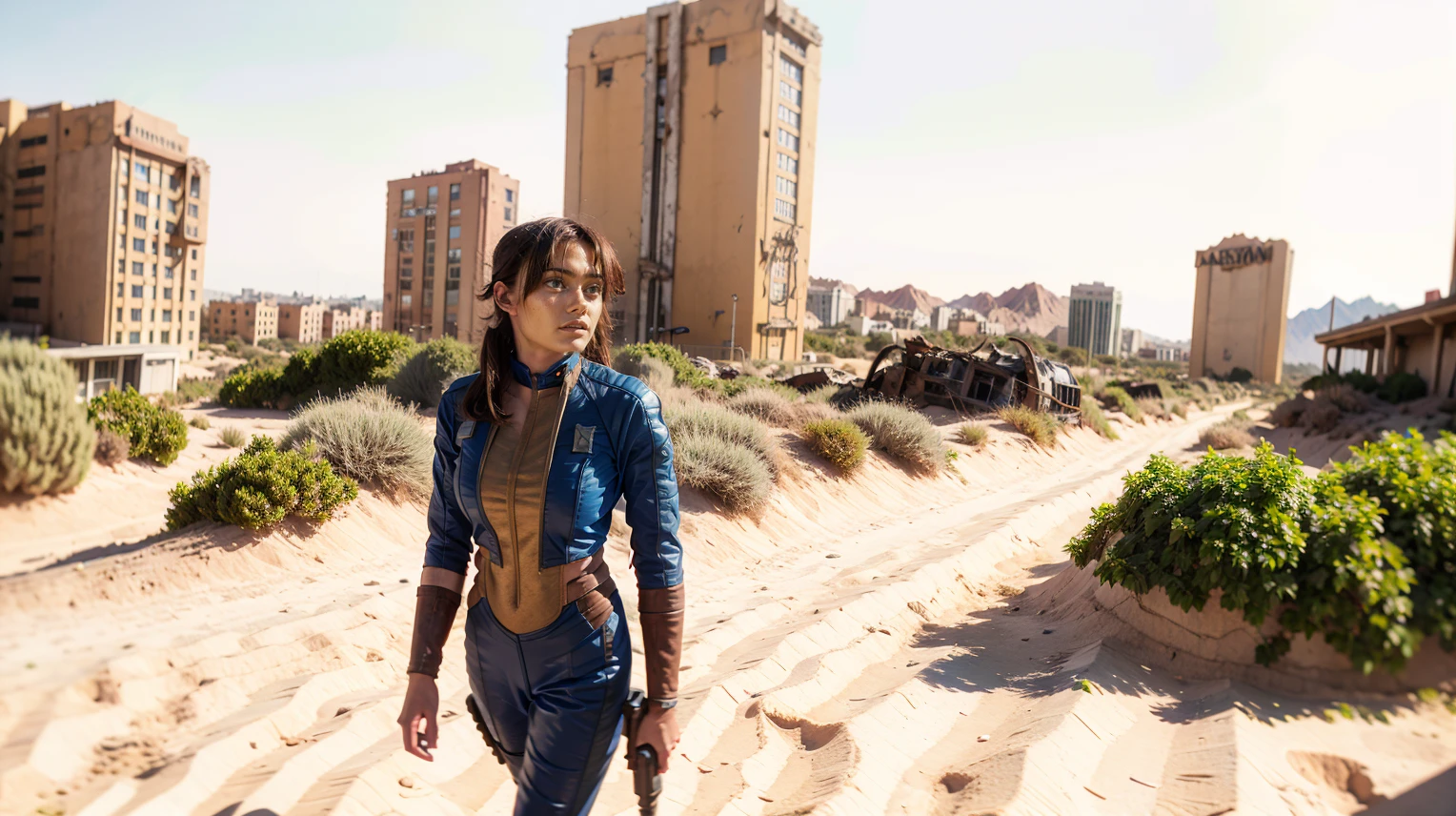 There is an 18 year old girl wearing a black and gold vaultsuit -Vaultsuit Lucy-  walking through a ruined city ((holding a large fallout gun)), in a post-apocalyptic Las-Vegas city, destroyed casino buildings, (overgrown with vegetation), helicopter crash wreak, old rusty 1950's American cars, dead deathclaw mutants vegetation next to buildings. professionally color graded, professional photography, well drawn, masterpiece, hyper realistic, ultra detailed, high quality, best quality, 4k, 8k, raw, detailed