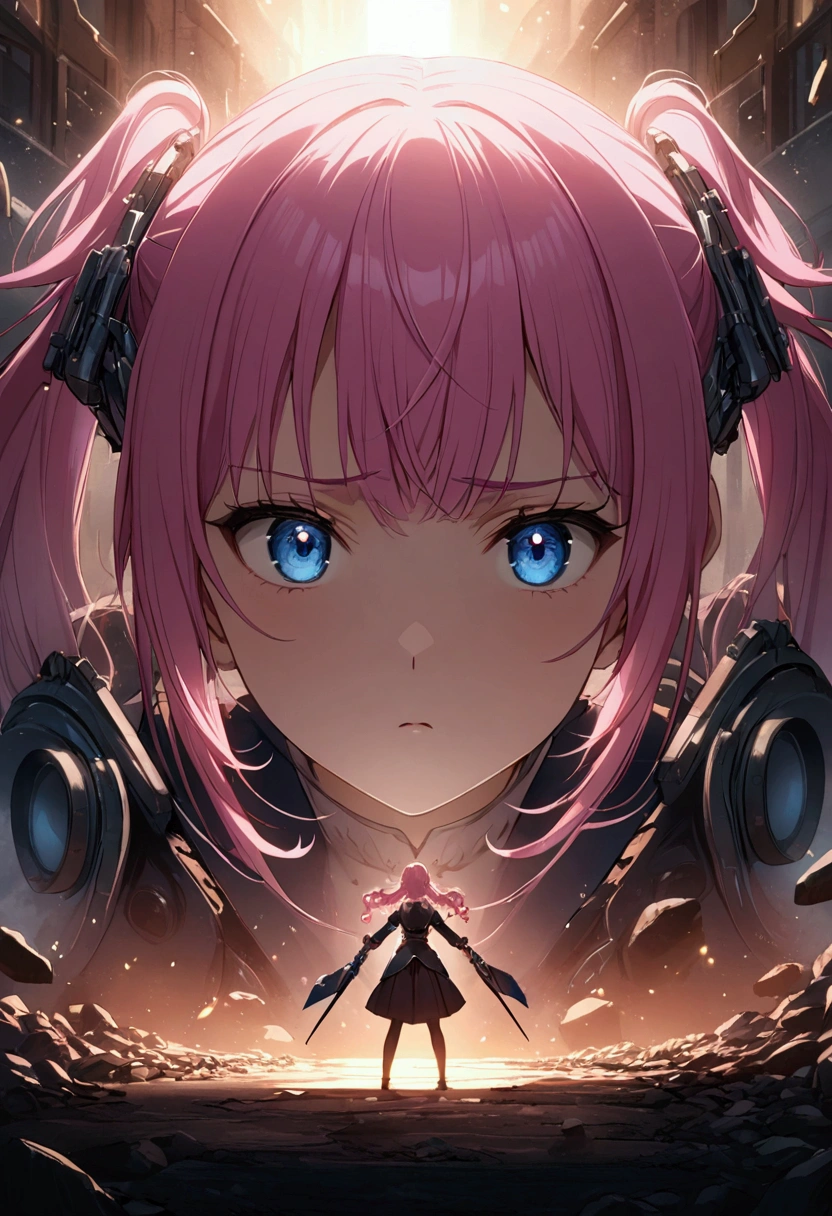 arrogant、Girl with pink hair、blue eyes、Twin Drill、A scene from a movie