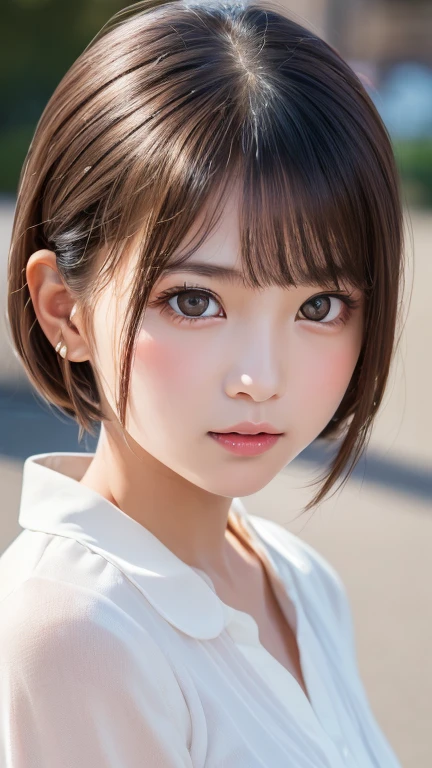 One Girl,(1人のとてもcute女の子:1.3),masterpiece,Highest quality,High resolution,beautiful girl,(18-year-old:1.3),cute,Big eyes,(Detailed pupil:1.2),(The face is facing straight ahead:1.3),Body facing forward,Beautiful Nose,Fuller lips,Short black hair,short hair,Fine eyelashes,Thin eyebrows,Definition of very fine particles,(Symmetrical eyes:1.3),(Face close-up,Face Focus:1.0),White blouse、tie,Student Style,Portraiture,Show Viewer,Cinema Lighting,High resolution,Very detailed、Headband、Open your mouth a little、Selfie、Put your hand on your chin、blush,Embarrassed
