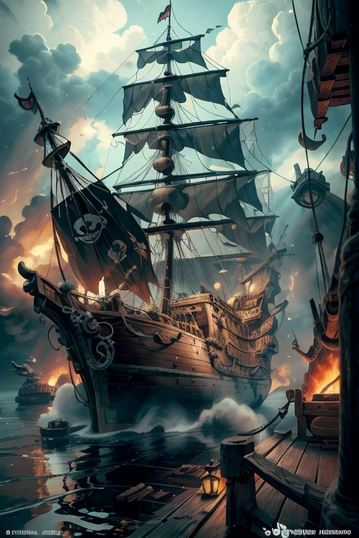 (8k, Highest quality, masterpiece)，Pirate War, Pirates ship war fighting each other, epic pirate battle, cannon fire, pirate ship war, detailed pirate ship, chaotic battle scene, stormy sea, dark clouds, fire and smoke,{Realistic, RAW Photos, Super Fine Clear, Impressionist painting, (Influenced by Impressionist painting:1.1)}, naval battle, Pirate Combat,  by W. Heath Robinson, 