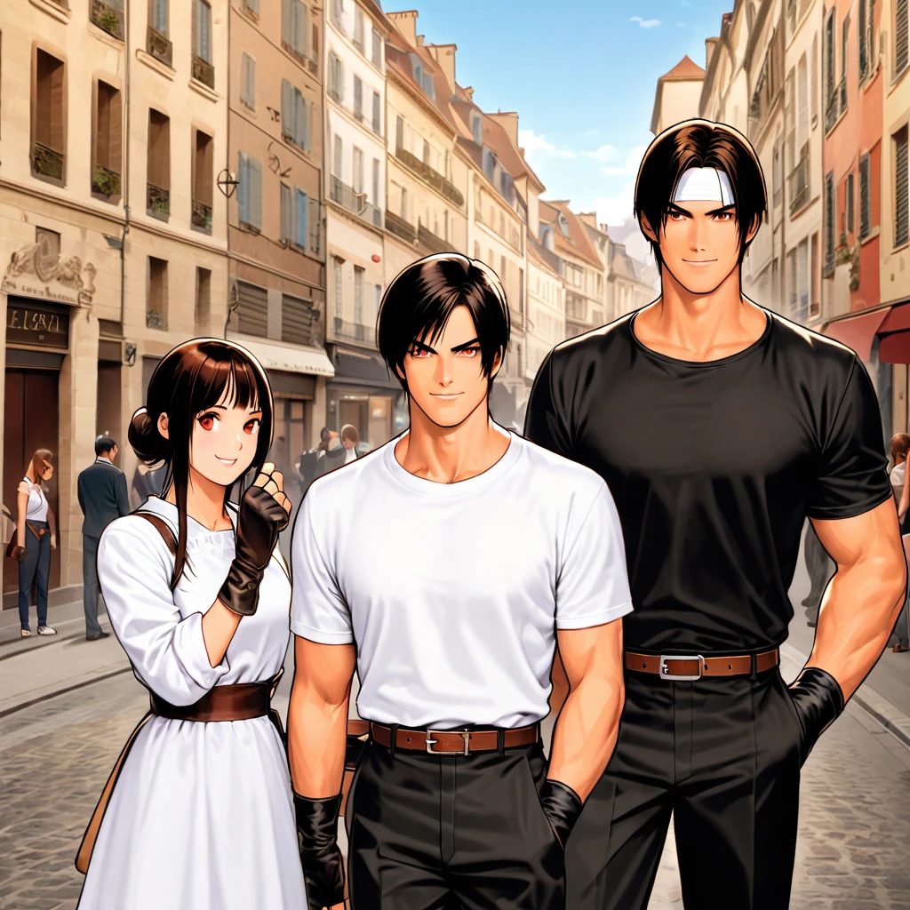Orochikyo, Dark Skin, 2 people,Men and women,ツーshot, Red eyes, Black jacket（Roll up your sleeves）, Fingerless gloves, Black Hair, White T-shirt, （White headband）, Black trousers, White shoes, Brown belt, good looking, shot, Charm, Outdoor、masterpiece, High resolution, Detailed face, fine grain, morning, blue sky, A confident smile, A man and a woman laughing with Place de la Bourse in the background, France, Men and women with the same hairstyle and clothes, Men and women向かい合わせて握手をする