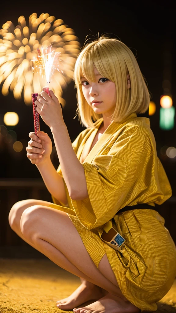 Blonde anime girl in a yellow dress,yukata,Hand-held fireworks,squat