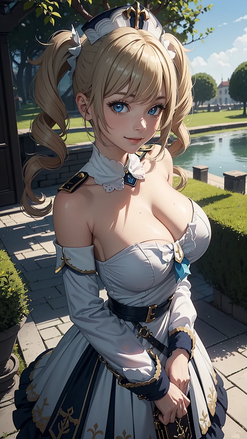 (Girl),(barbaradef),masterpiece,huge breast, outdoors, looking at viewer, detail eyes, detail face, (standing), smile, (from front:1.8), upper body shot,(detailed face), (cleavage),